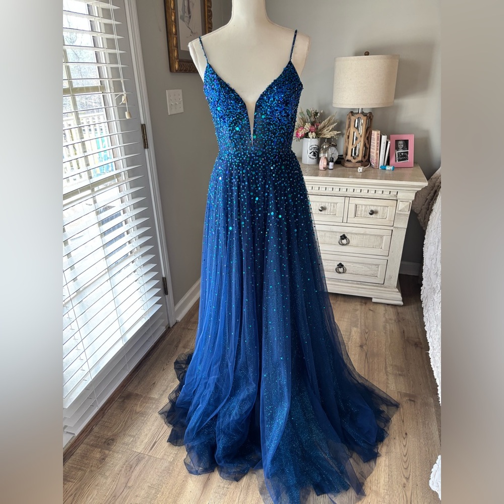 NWT Jovani blue sequined and sparkly tulle prom dress style 08408 size 6